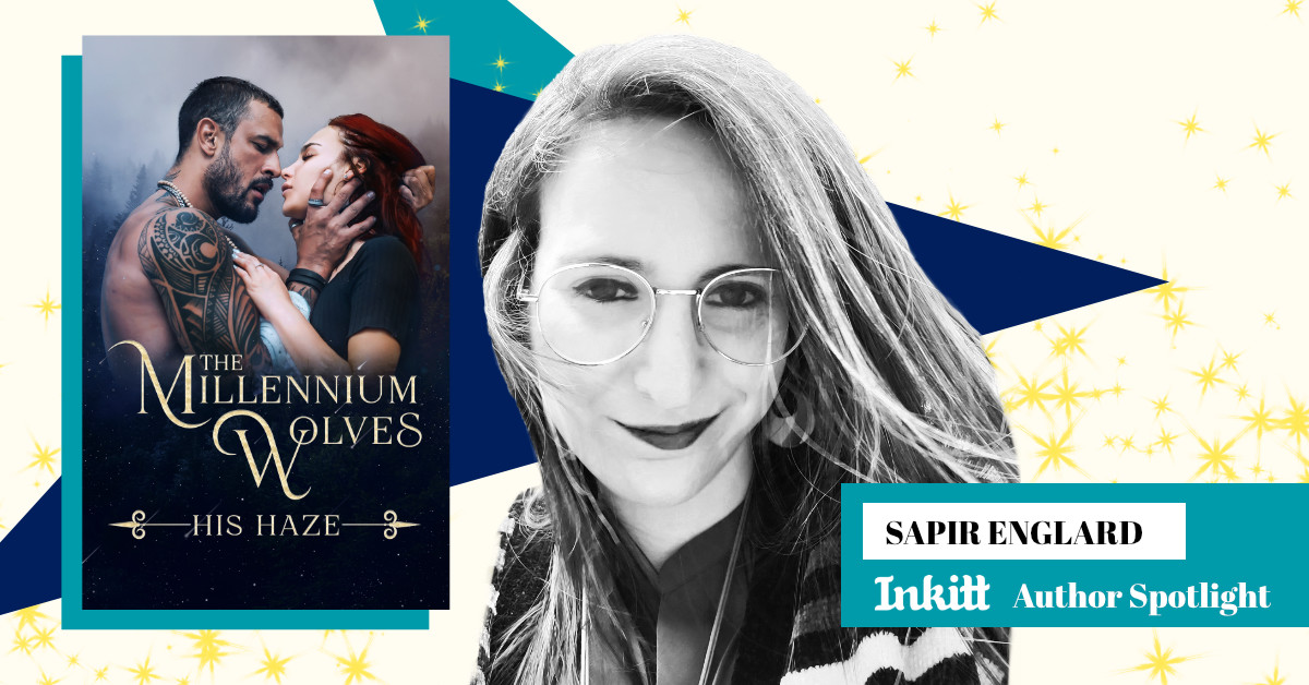Sapir Englard and book cover for The Millennium Wolves: His Haze